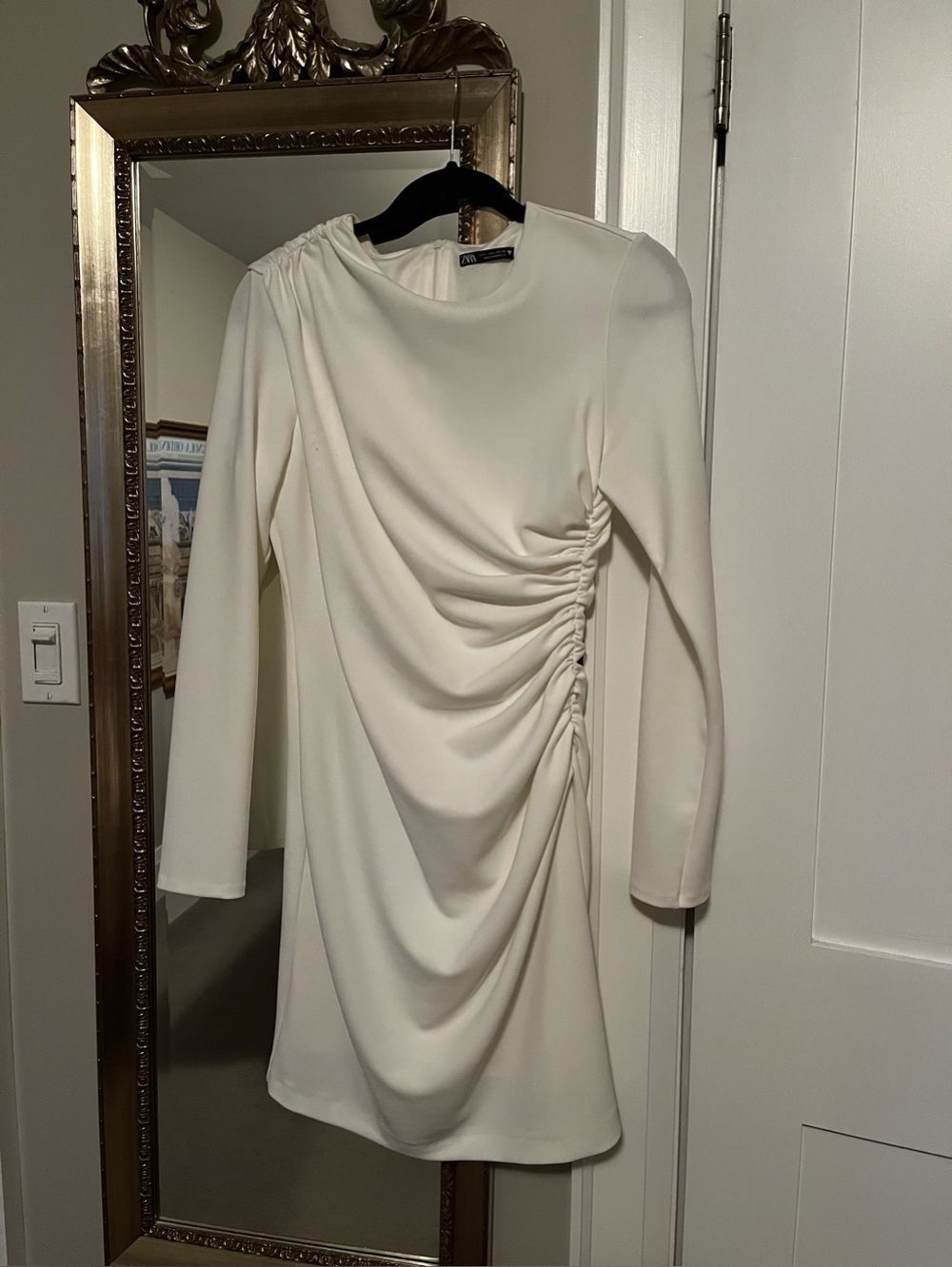 Zara White Long-Sleeve Ruched Side Dress